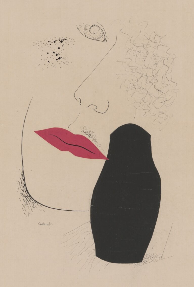 A stylized black‑ink drawing of a woman’s curved profile with one detailed eye, bright red cut‑paper lips floating before a solid black vase‑like shape, all on cream paper.
