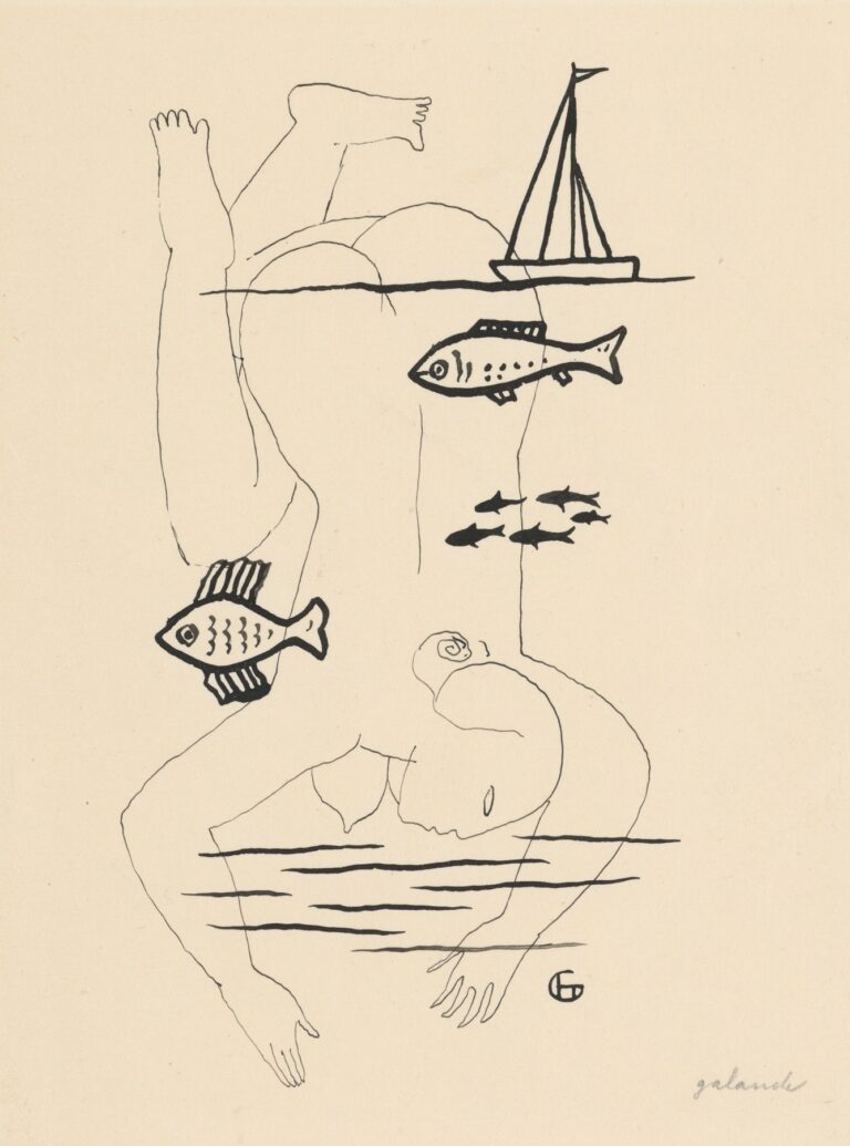 A pen-and-ink drawing of an inverted human figure partially submerged in waterlines, flanked by detailed fish and a small sailboat on the horizon, by Mikuláš Galanda.