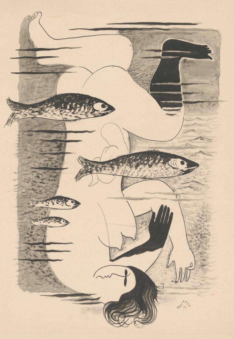 A pen-and-ink drawing of an inverted human figure partially submerged between two horizontal waterlines, surrounded by drifting fish and a small sailboat on the upper horizon, by Mikuláš Galanda.