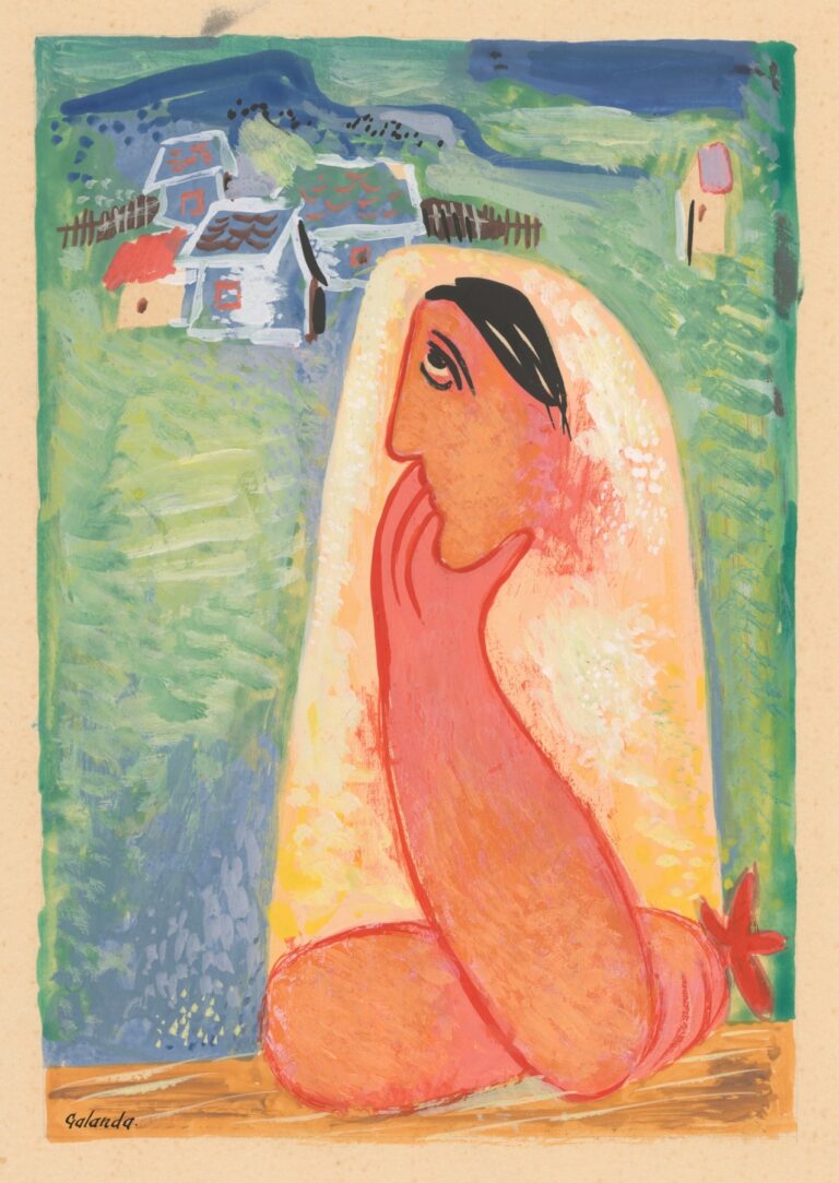 A seated figure in warm pinks and oranges, outlined in bold black, rests her hand on her chin against a background of green fields and stylized village houses in Mikuláš Galanda’s 1938 painting A Villager.