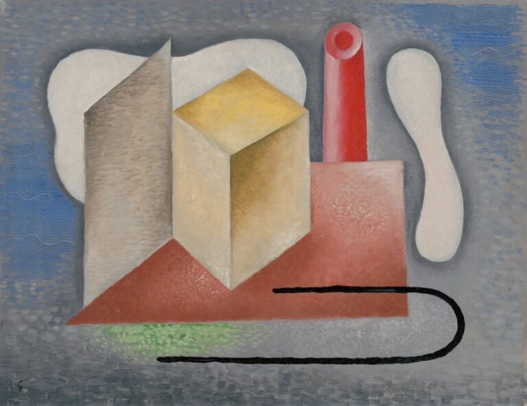 A modernist painting of a golden cube and red triangular plane with a red chimney, set against a gray‑blue textured background and punctuated by white organic shapes and a looping black line—Mikuláš Galanda’s Factory.