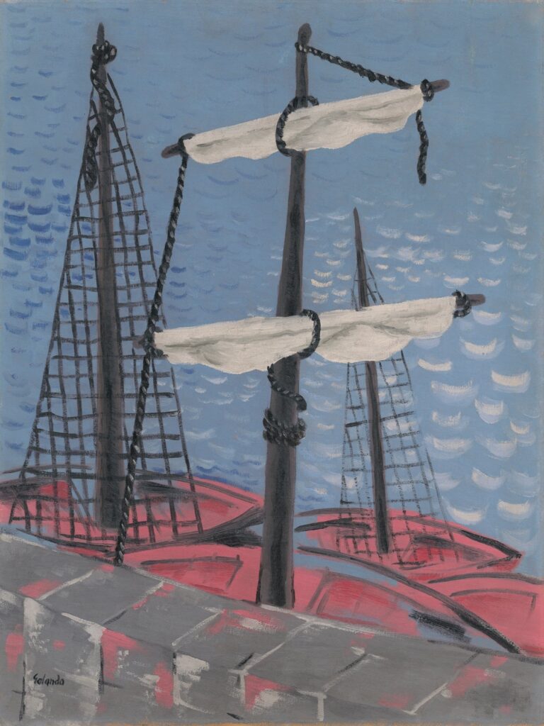 Three red-hulled fishing boats moored behind a gray stone quay, their tall black masts and rigging set against a blue sea rendered in rhythmic brushstrokes, by Mikuláš Galanda.