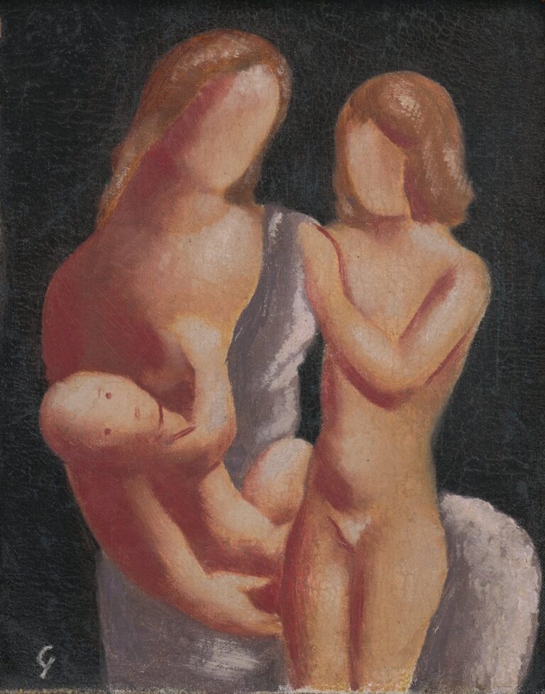 A modernist oil painting of a seated mother cradling an infant and a standing older child with hand on her shoulder, all faceless and rendered in warm flesh tones against a dark background by Mikuláš Galanda.