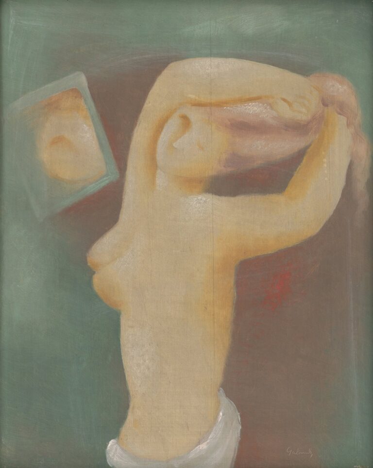 A nude female figure, rendered without facial features, raises her arms to lift her hair before a tilted square mirror on a muted green background in Mikuláš Galanda’s 1933 painting Facing Mirror.