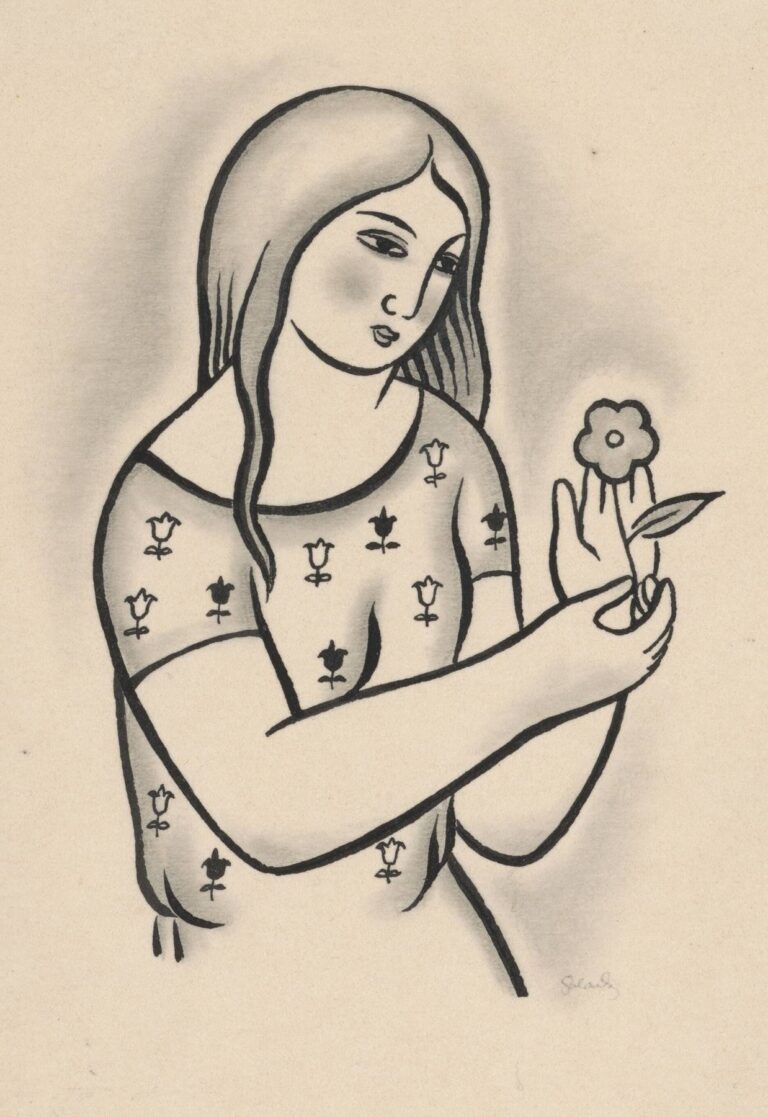 Monochrome drawing of a young woman in a patterned blouse gently holding a single flower, rendered with bold outlines and soft shading by Mikuláš Galanda.