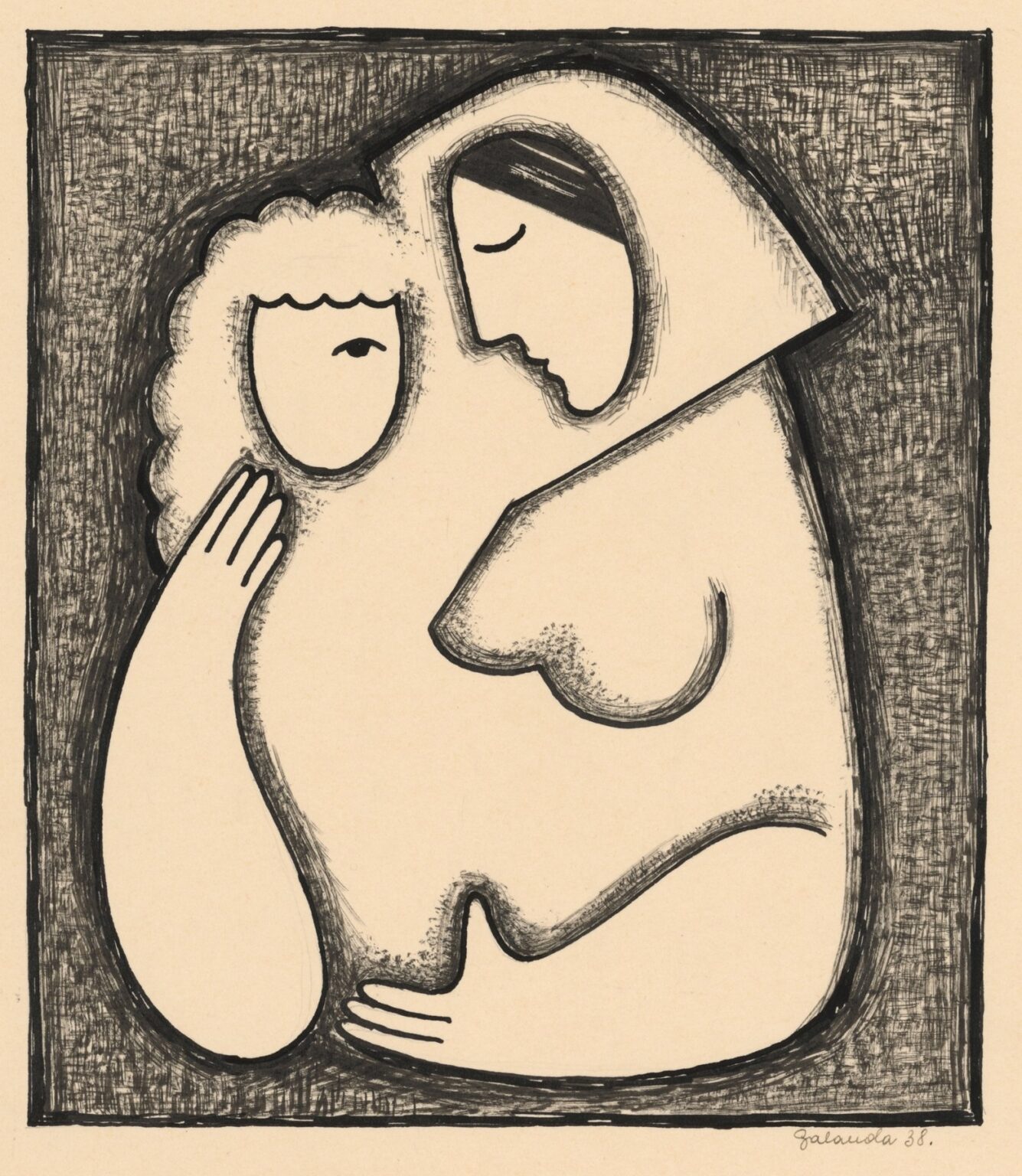 Monochrome drawing of a stylized female profile and second abstract face within a hatched square frame, featuring bold black contours and minimal shading by Mikuláš Galanda.