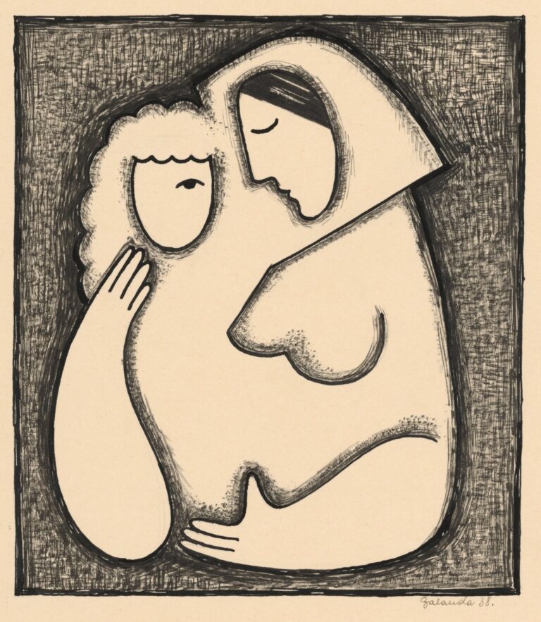 Monochrome drawing of a stylized female profile and second abstract face within a hatched square frame, featuring bold black contours and minimal shading by Mikuláš Galanda.