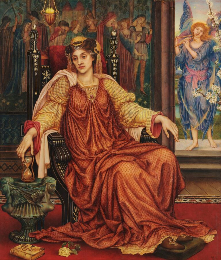 A richly detailed painting showing a woman in a red and gold patterned gown seated on an ornate black-and-gold throne holding an hourglass, while an angelic figure in blue robes with wings plays the flute beside a blossoming branch visible through an open archway.