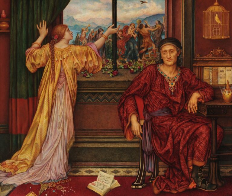 A woman in a golden and pink gown gently touches the gilded iron bars of an open window; discarded jewelry lies at her feet, while an empty birdcage hangs on the red wall beside her, and a sunlit landscape beckons beyond.