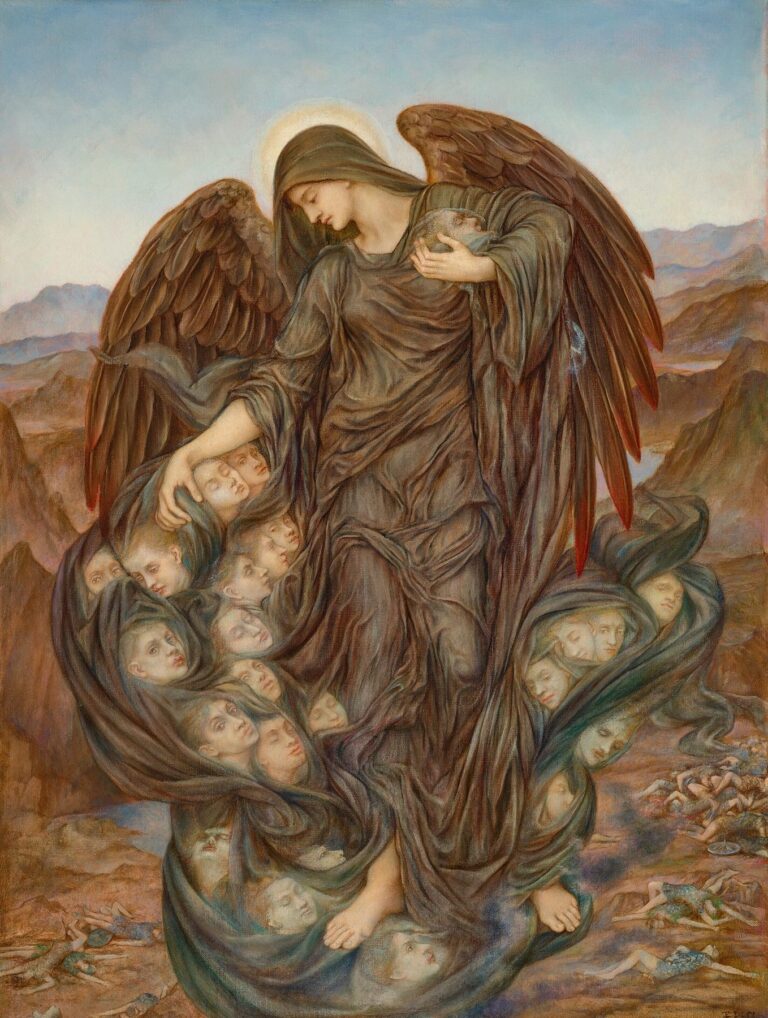 A solemn winged female figure stands on a battlefield strewn with corpses, her draped robes swirling to reveal dozens of ghostly heads nestled in the fabric, under a pale dawn sky in Evelyn De Morgan’s allegorical painting The Field of the Slain.