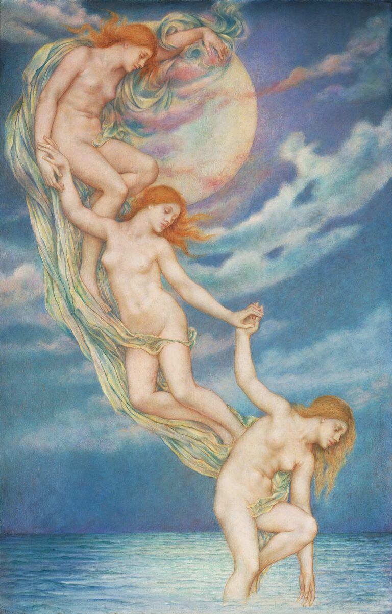 Three nude female figures draped in pale veils descend from a giant full moon into a rippling blue sea under a twilight sky streaked with pastel clouds in Evelyn De Morgan’s 1918 painting Moonbeams Dipping Into The Sea.
