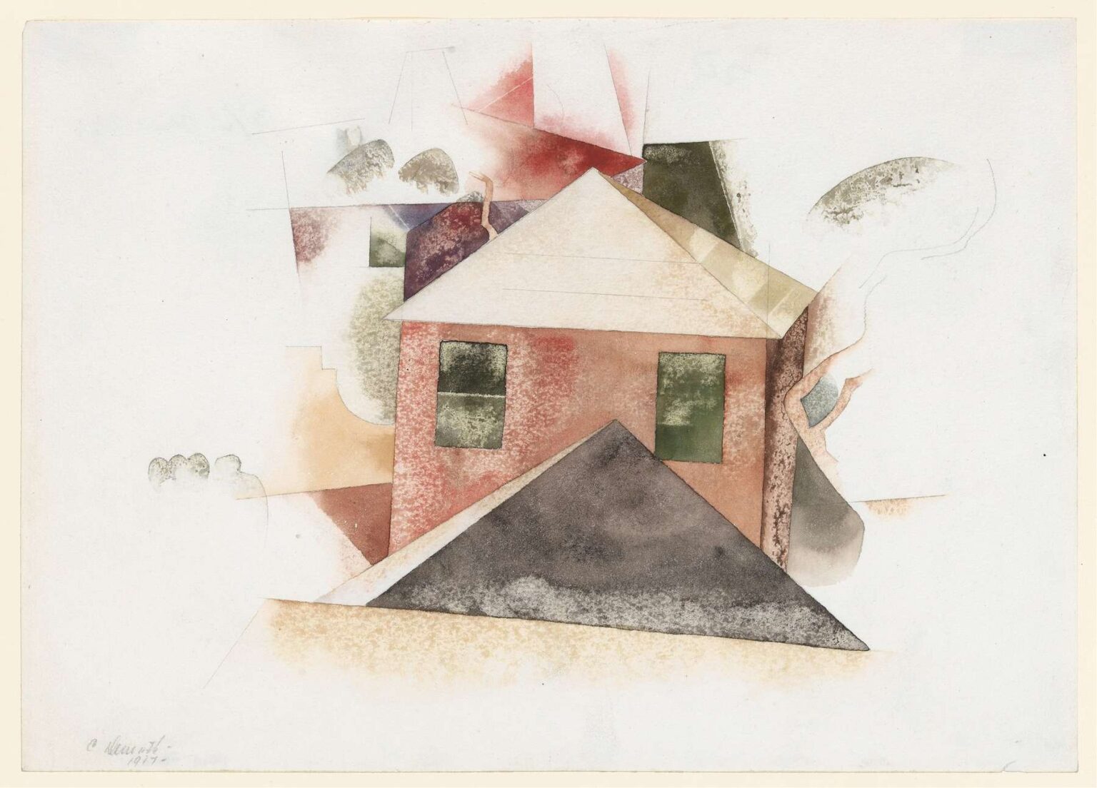 Watercolor and pencil depiction of a cluster of houses featuring a central red gable, gray-blue rooftop, greenish window panels, and overlapping geometric planes against a white background.