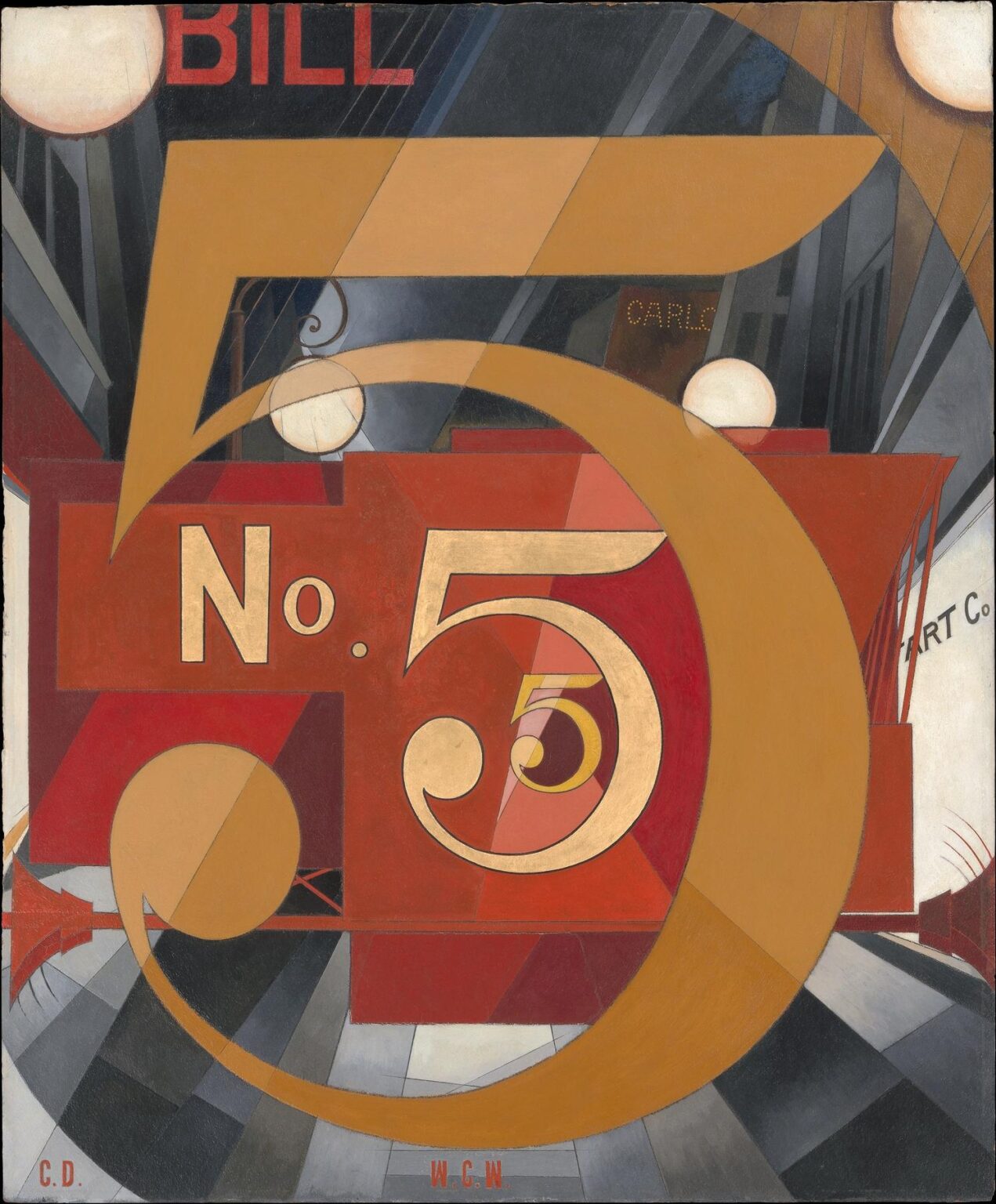 Precisionist painting featuring three overlapping gold numerals “5” atop a vibrant red background, framed by angular gray buildings and white spherical lights, with “No. 5” and artist/poet initials inscribed beneath.