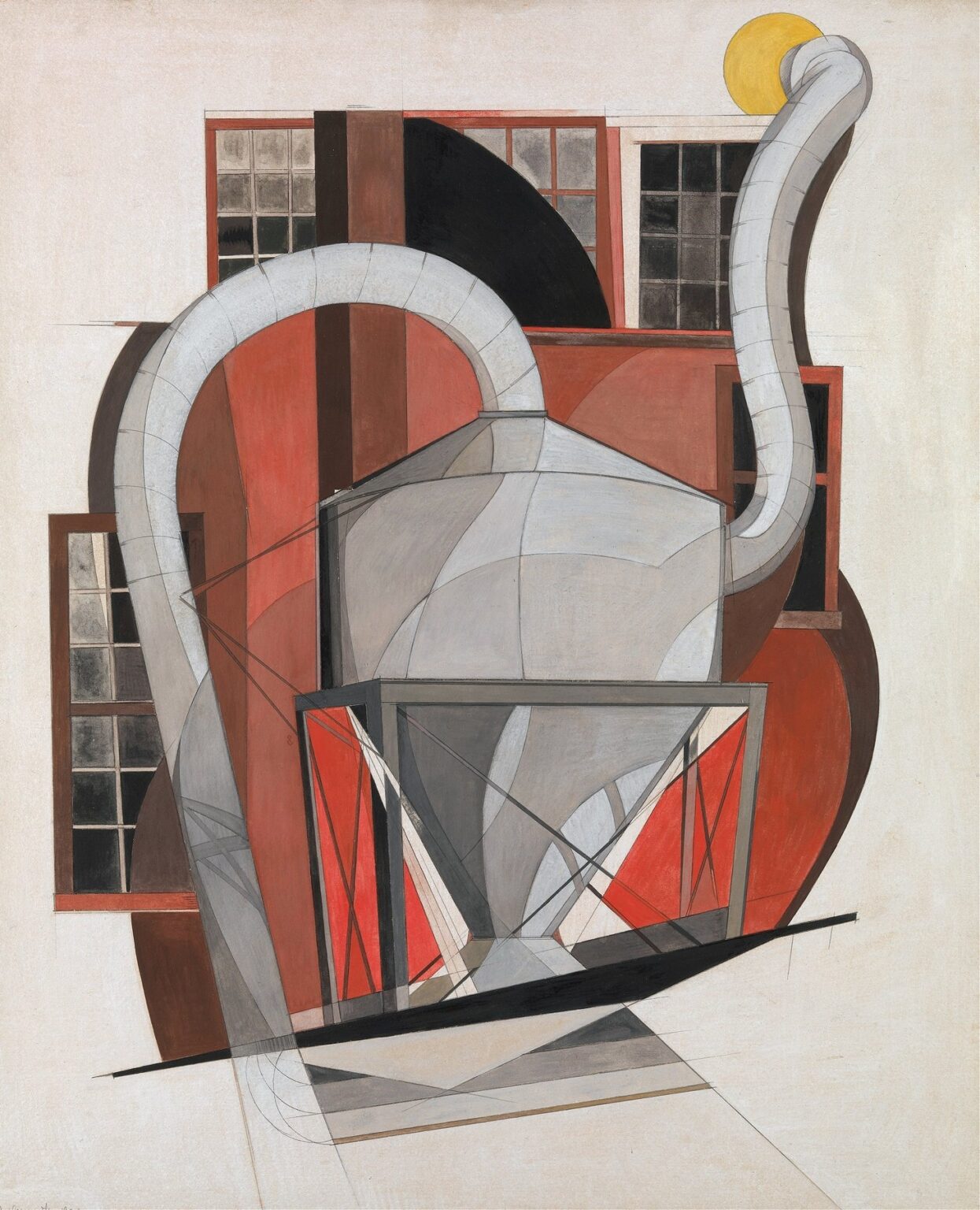 Abstracted watercolor and pencil composition of industrial pipes, silos, and smoke stacks in overlapping red, gray, and ochre planes against a pale background