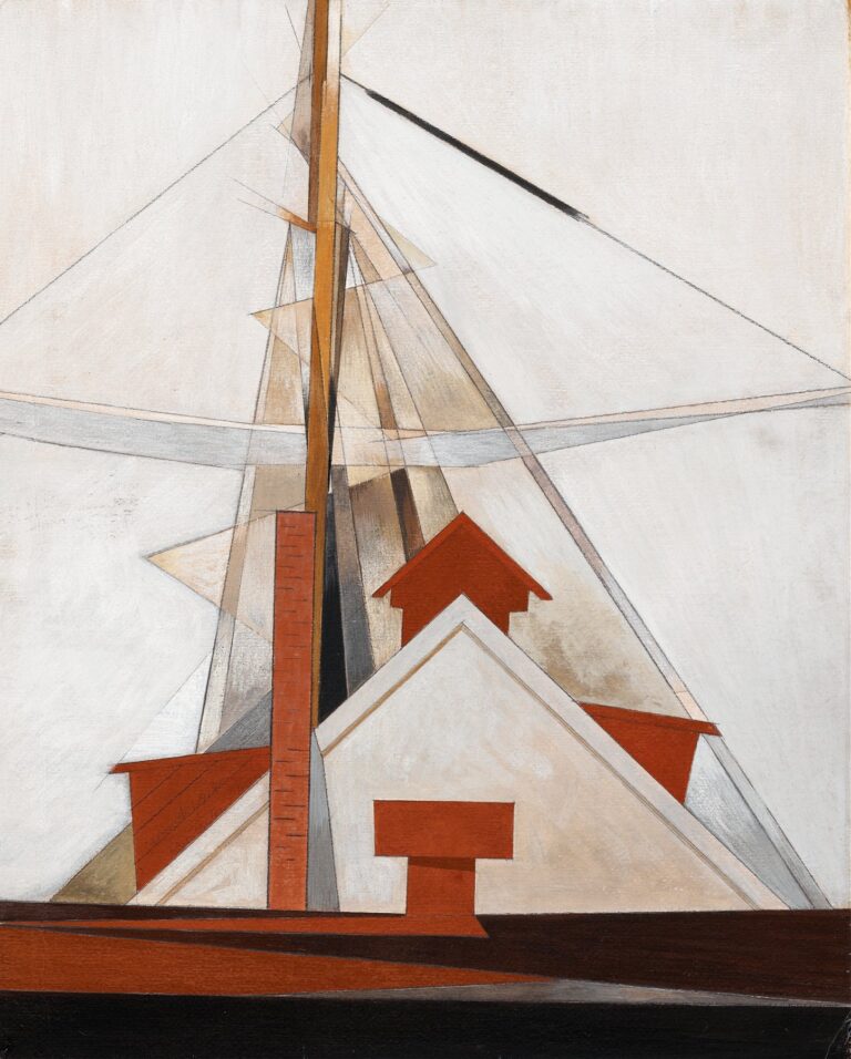 Abstract watercolor of ship’s rigging with two ochre masts and overlapping diagonal white sails and spars, set against negative white space.