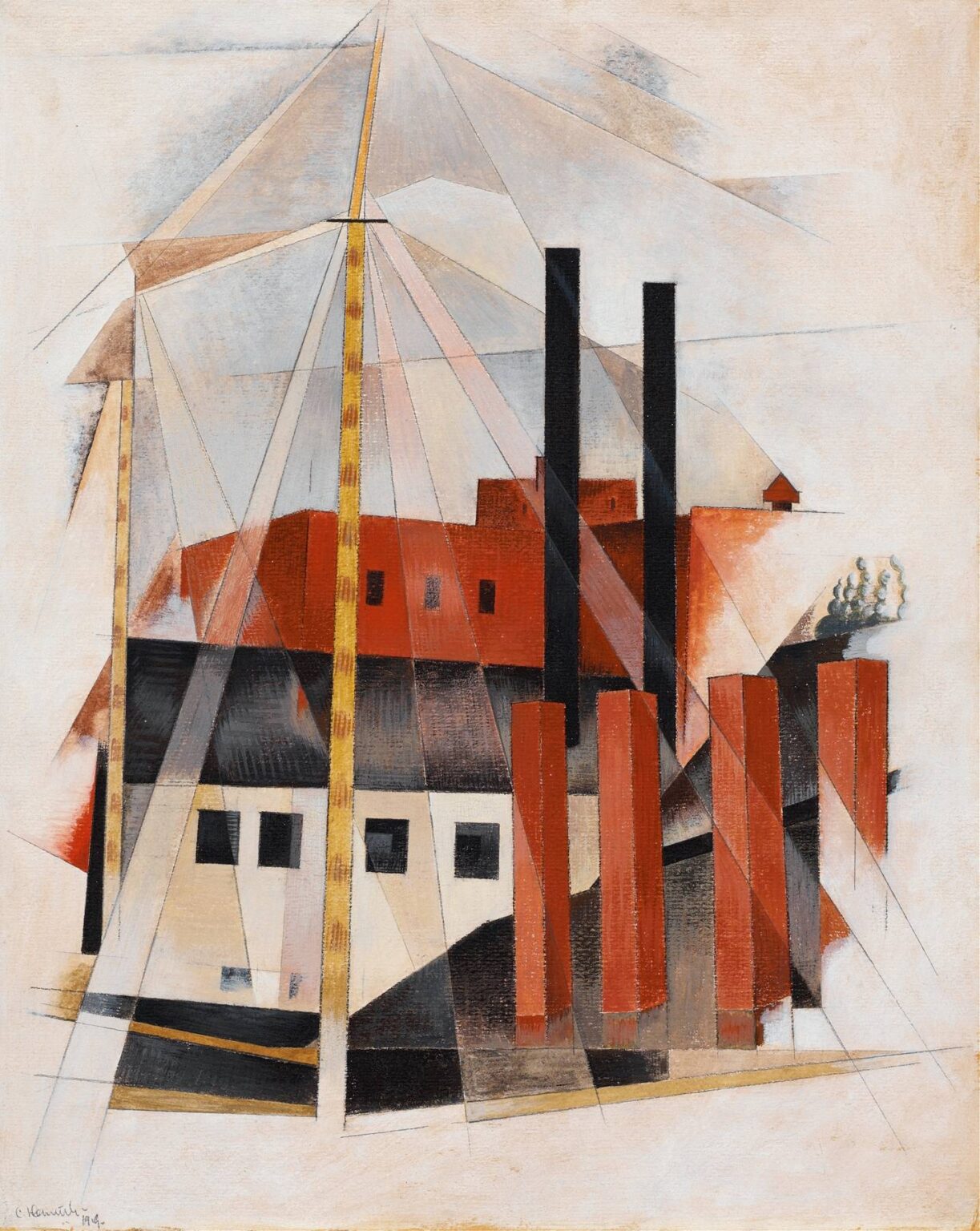 Abstracted watercolor and pencil composition of a piano being hauled on diagonal beams and ladders, with red-brown and gray planes intersecting, and pencil lines suggesting movers and scaffolding.