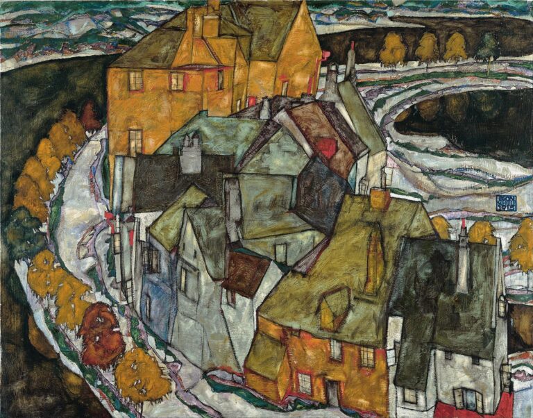 An aerial-view painting of a curved row of houses with angular roofs rendered in ochre, green, and gray tones, outlined by dark lines against a swirling landscape of fields and hills in cool blues and blacks.