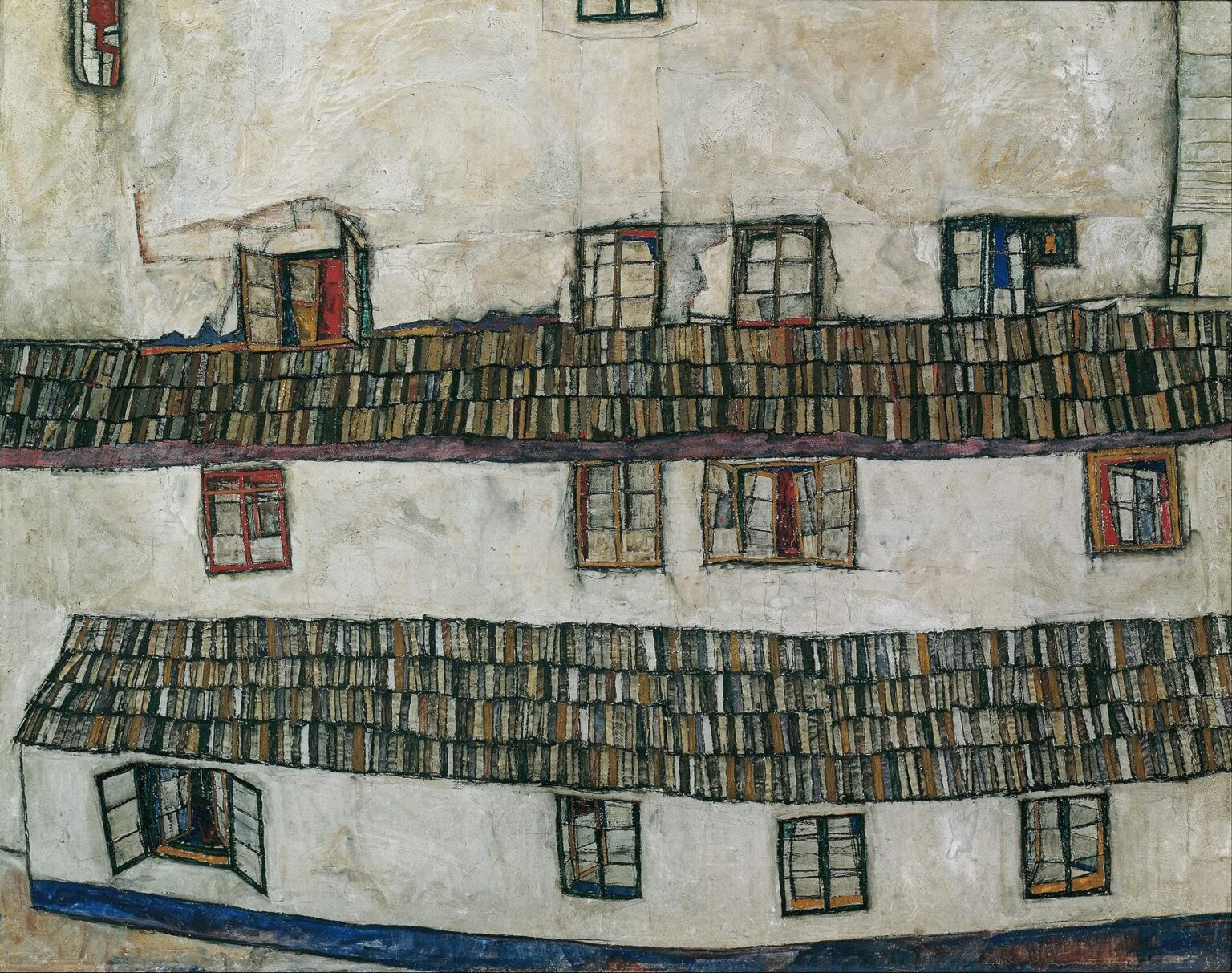 A close-up view of a white plaster wall with two parallel rows of windows separated by a patterned, multicolored tiled roof; windows tilt at various angles, and cracks and subtle color tints enliven the textured surface.