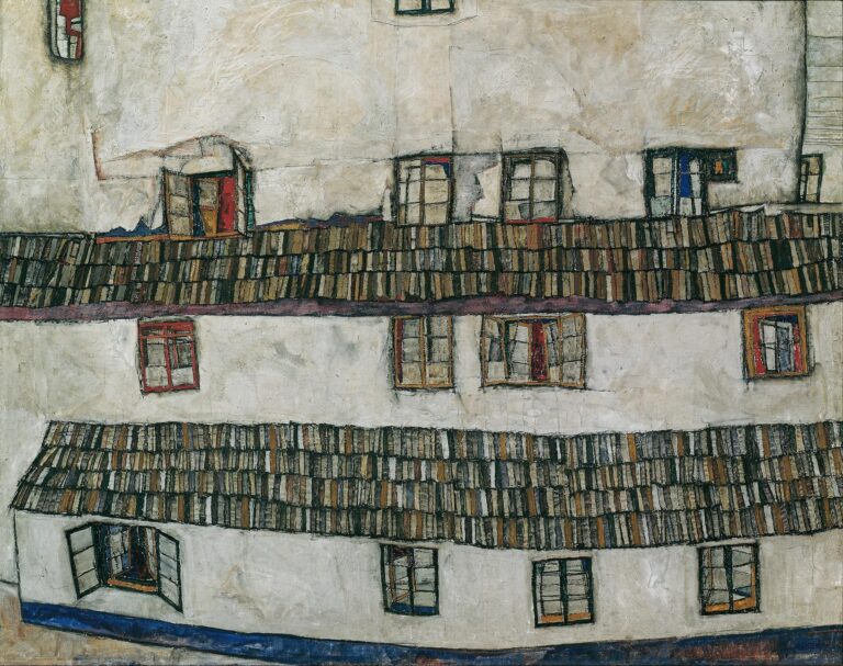 A close-up view of a white plaster wall with two parallel rows of windows separated by a patterned, multicolored tiled roof; windows tilt at various angles, and cracks and subtle color tints enliven the textured surface.