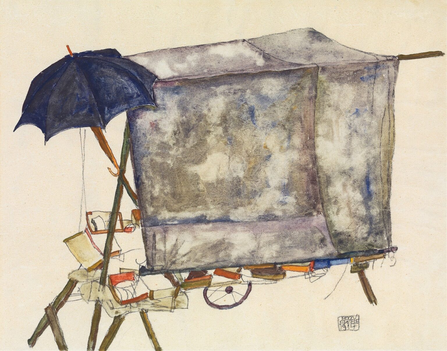 A painted study of a wooden street vendor’s cart with tripod supports, draped in mottled gray cloth and topped by a dark blue umbrella; scattered boxes and a single wheel peek out beneath the fabric against a neutral paper background.