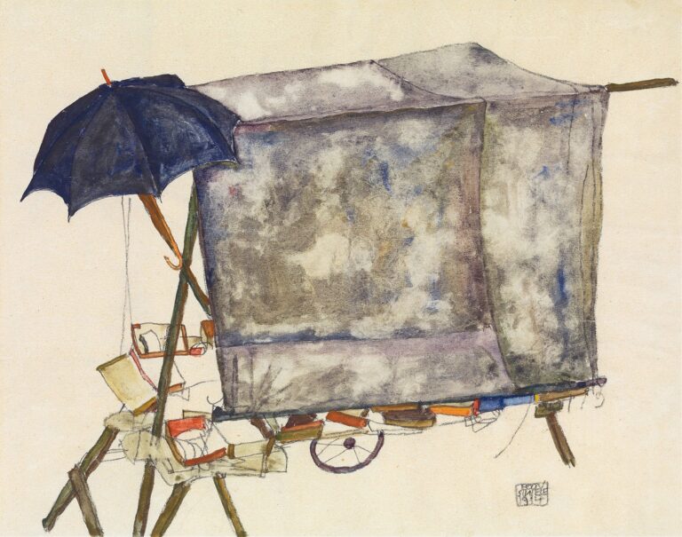 A painted study of a wooden street vendor’s cart with tripod supports, draped in mottled gray cloth and topped by a dark blue umbrella; scattered boxes and a single wheel peek out beneath the fabric against a neutral paper background.