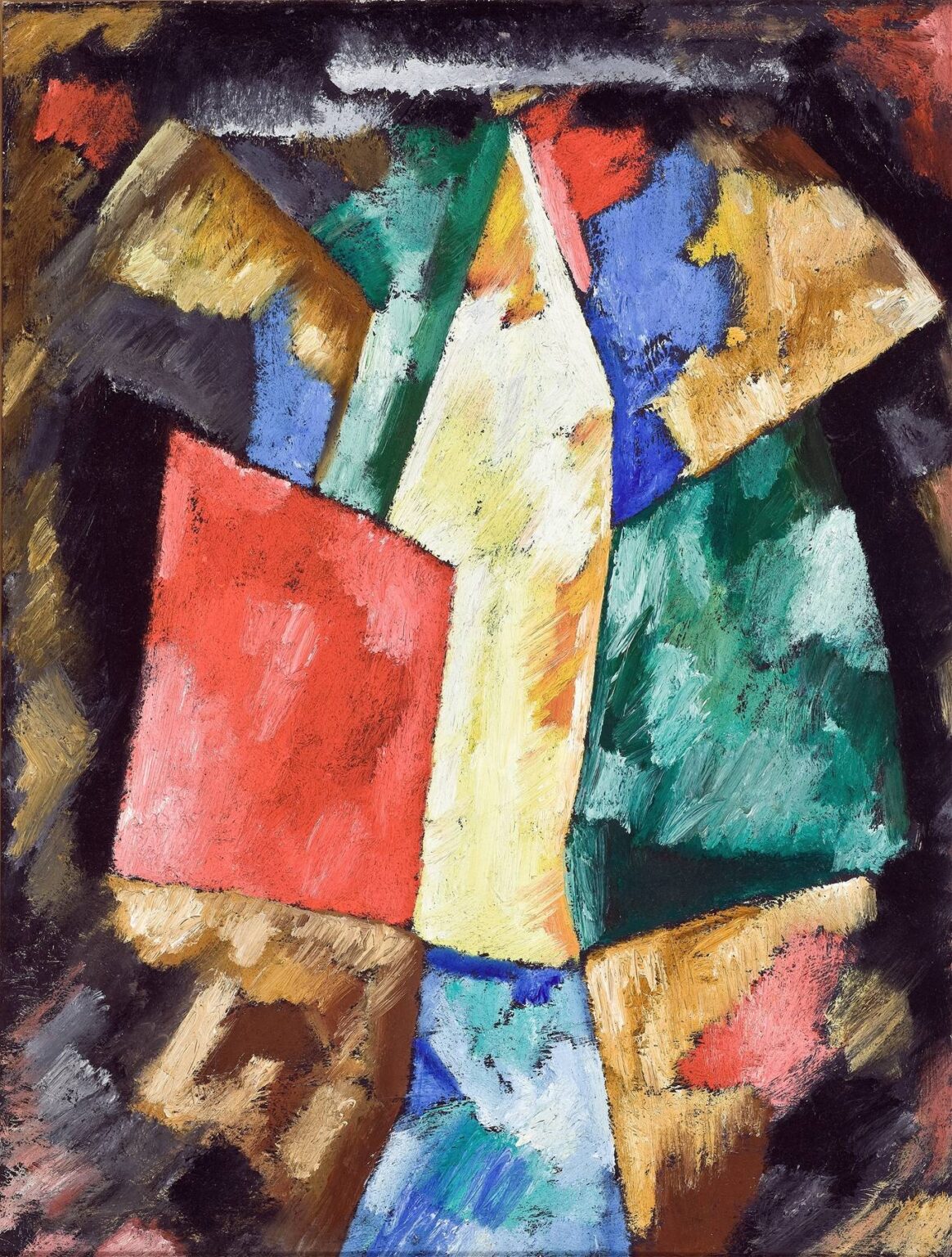 Abstract oil painting by Marsden Hartley, “Abstraction, Blue, Yellow and Green” (1913): interlocking angular planes of yellow, red, green, blue, ochre, and black converge around a central pale yellow wedge, with thick brushstrokes and dark bordering passages creating a dynamic, faceted composition.