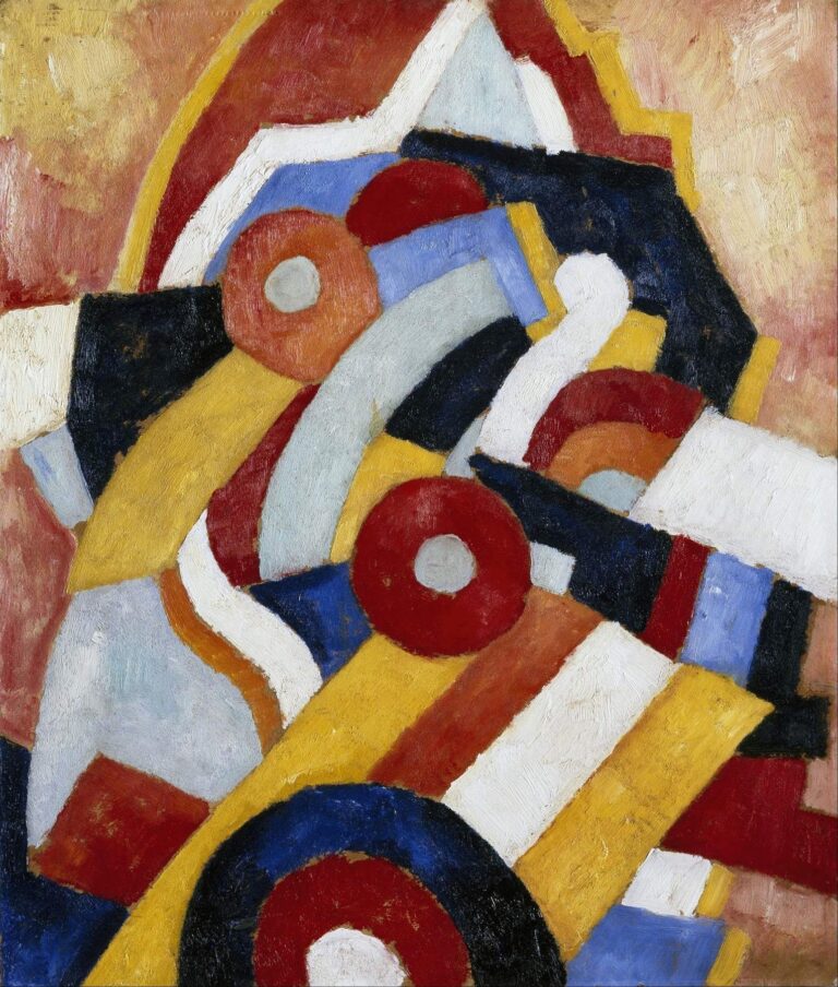 Marsden Hartley’s Abstraction (1914), oil on canvas: overlapping geometric shapes—arches, rectangles, and circles—in red‑orange, yellow, blue, gray, white, and black, arranged in a dynamic, upward‑thrusting composition.