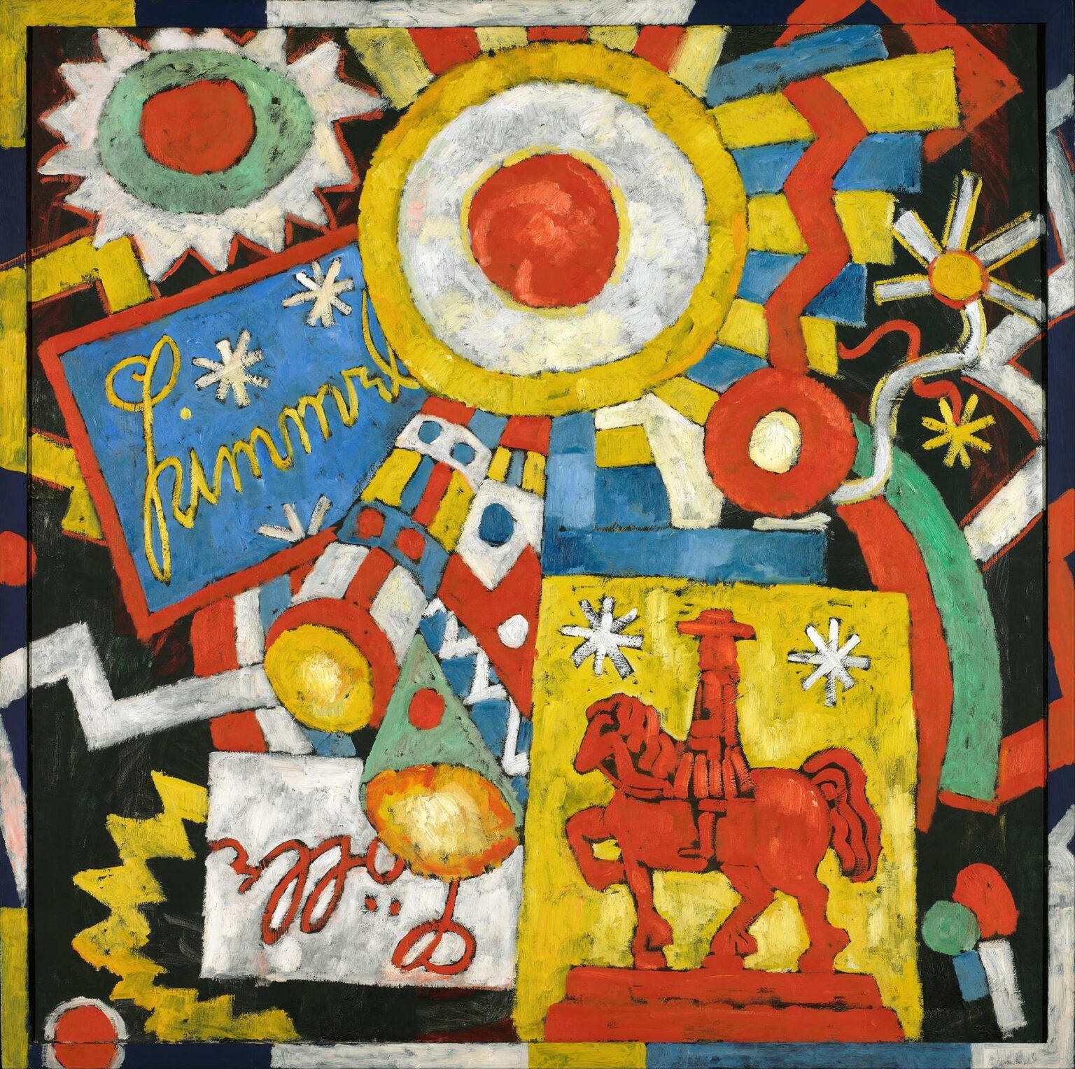 Marsden Hartley’s Himmel Sky Object (1915), oil on canvas: an abstract composition featuring concentric sun shapes, zigzag lines, a blue panel inscribed “Himmel,” and a stylized red horse on a yellow field, framed by starbursts and geometric forms.