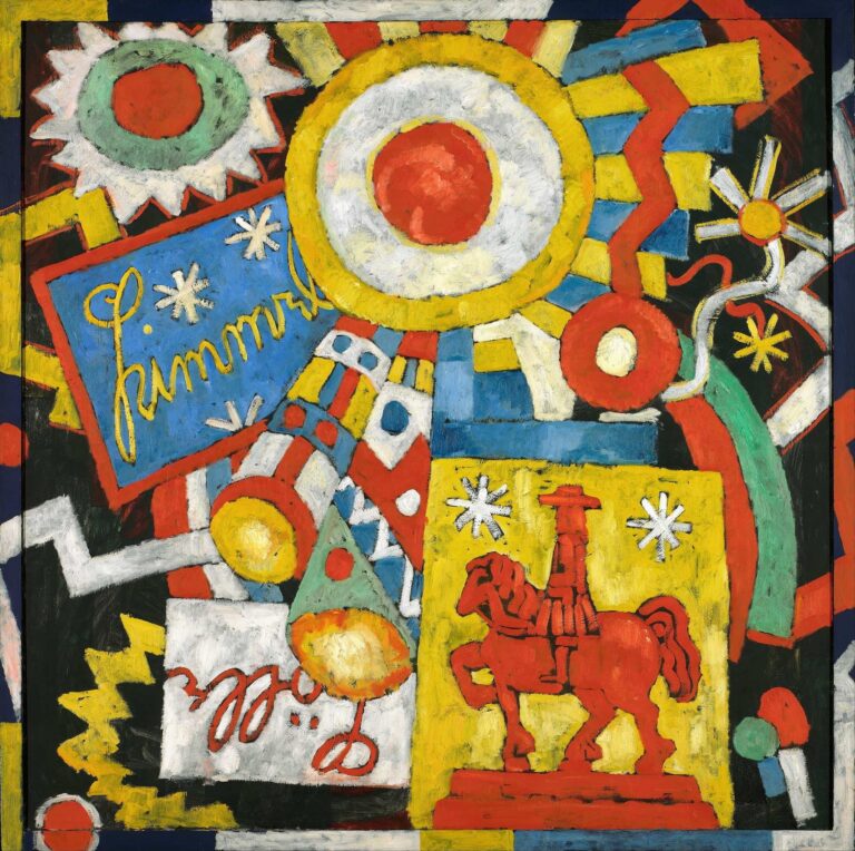 Marsden Hartley’s Himmel Sky Object (1915), oil on canvas: an abstract composition featuring concentric sun shapes, zigzag lines, a blue panel inscribed “Himmel,” and a stylized red horse on a yellow field, framed by starbursts and geometric forms.