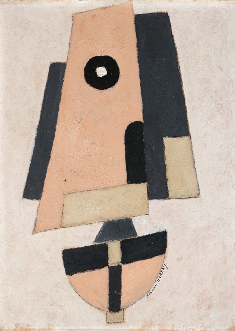 Marsden Hartley’s Movement, Bermuda (1916), oil on canvas: an abstract composition featuring interlocking peach, charcoal, and ivory geometric shapes against an off‑white ground, evoking sails and maritime rhythms.