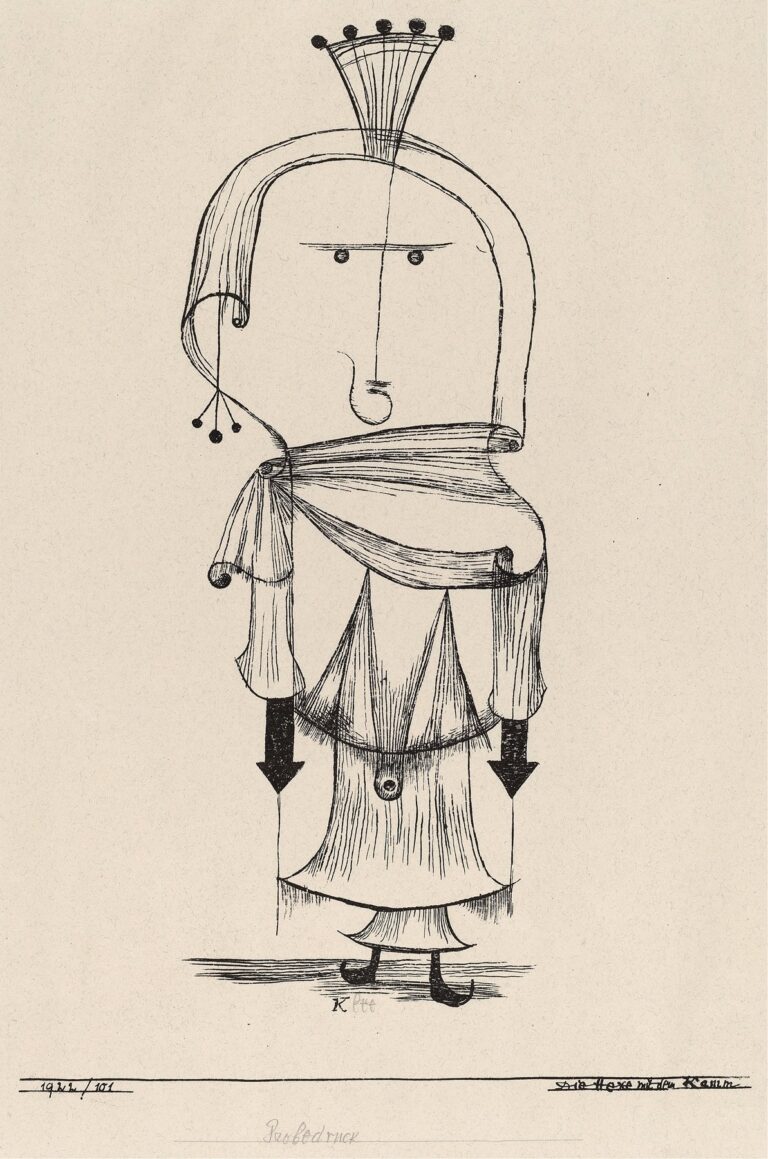 Black-and-white pen-and-ink drawing of a tall, abstract witch figure crowned with a comb-like headdress, draped in layered garments, and holding arrow-shaped hands against a blank background.