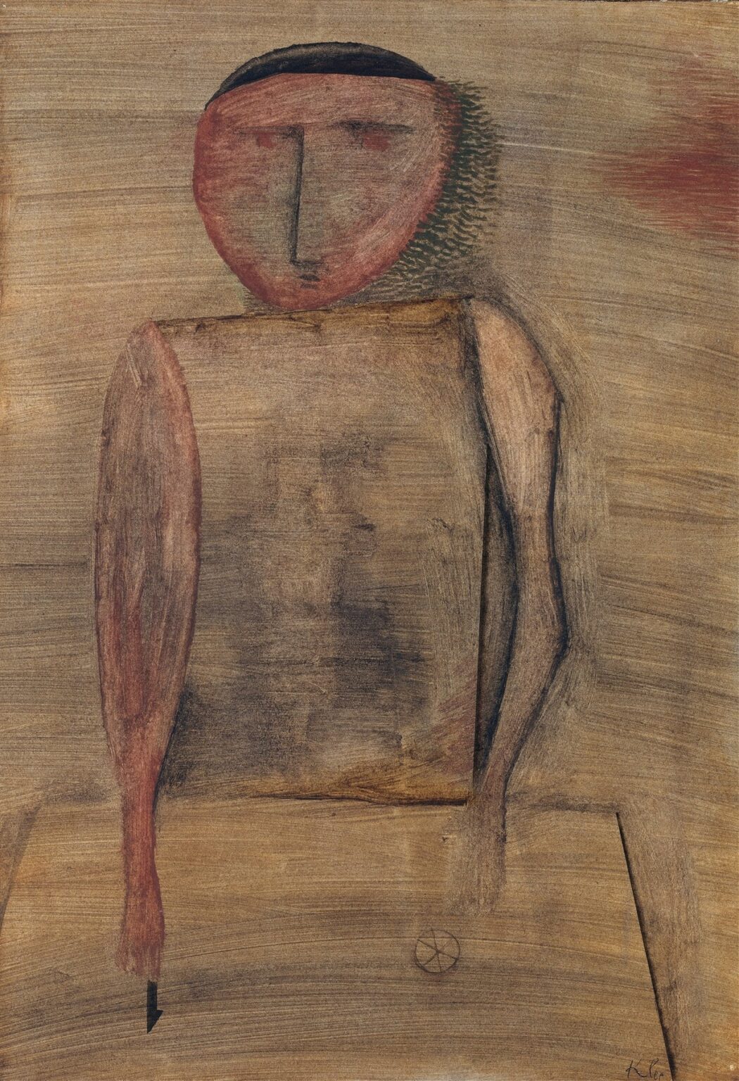 Abstract watercolor, gouache, and oil wash depiction of a stylized human figure with a red oval head, rectangular torso, and elongated limbs against a warm beige, wood-grain background.