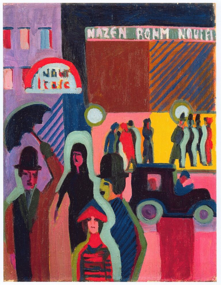 A neon-lit shopfront glows in the rain-soaked evening street, its bright green and red signage reflected in puddles on the pavement. Dark-silhouetted figures in hats and coats pass beneath umbrellas against a flattened backdrop of diagonal stripes and bold color fields.