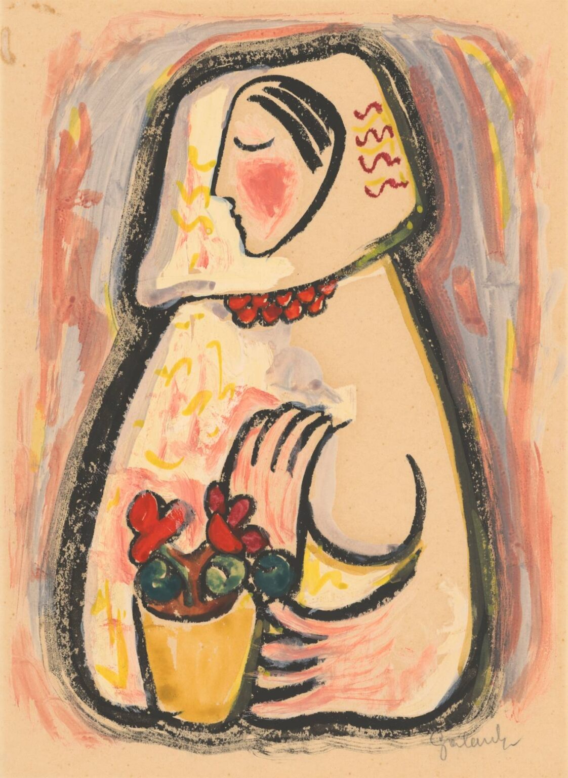 Stylized painting of a young woman in profile wearing a headscarf and red bead necklace, gently holding a basket of red and green flowers, outlined in bold strokes and set against a soft pastel background.
