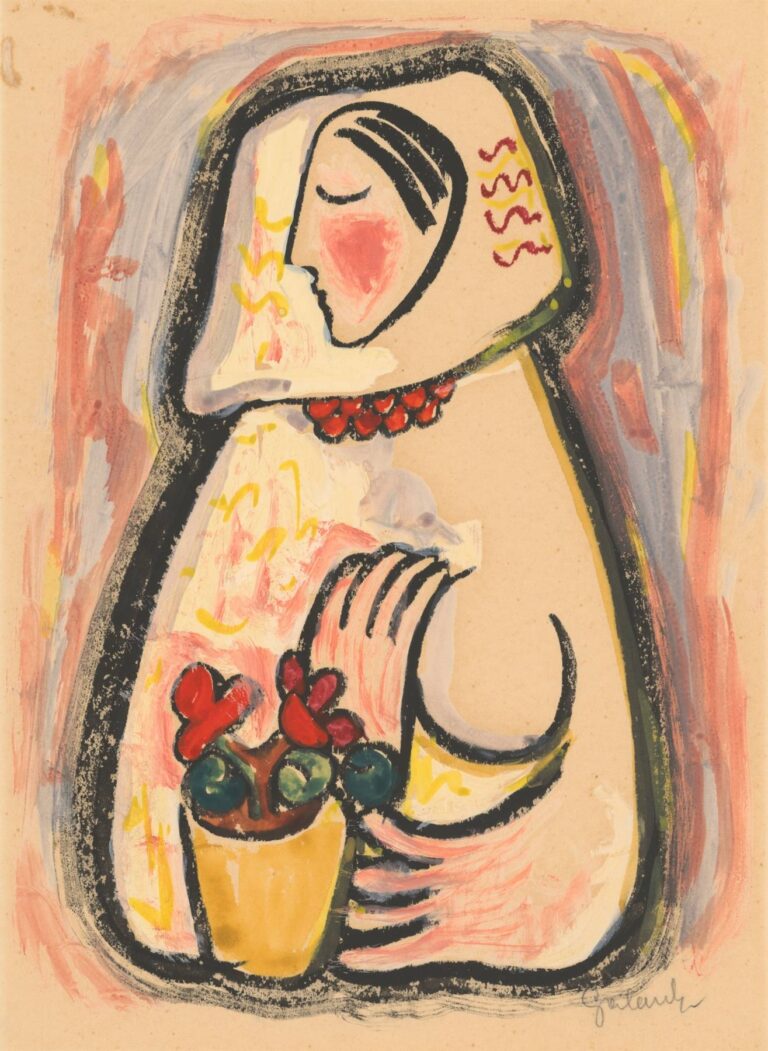 Stylized painting of a young woman in profile wearing a headscarf and red bead necklace, gently holding a basket of red and green flowers, outlined in bold strokes and set against a soft pastel background.