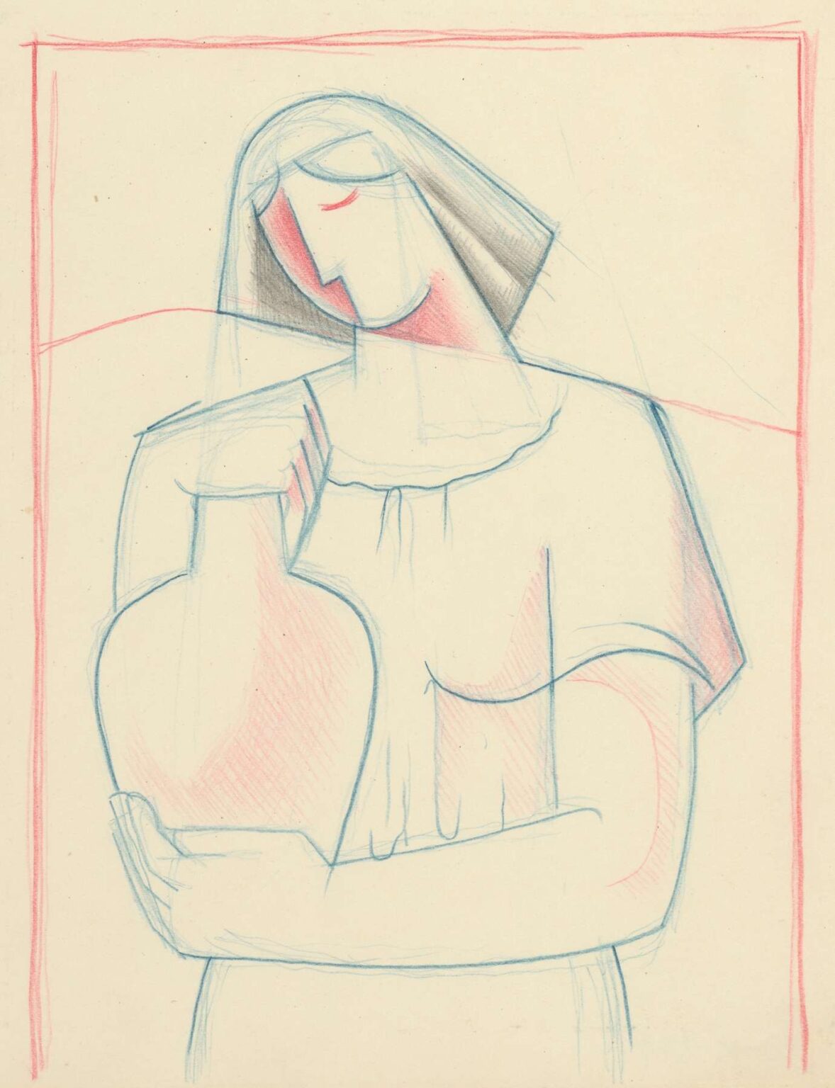 A minimalist drawing of a young woman in profile gently cradling an earthenware jug, rendered in blue pencil, red chalk, and charcoal by Mikuláš Galanda.