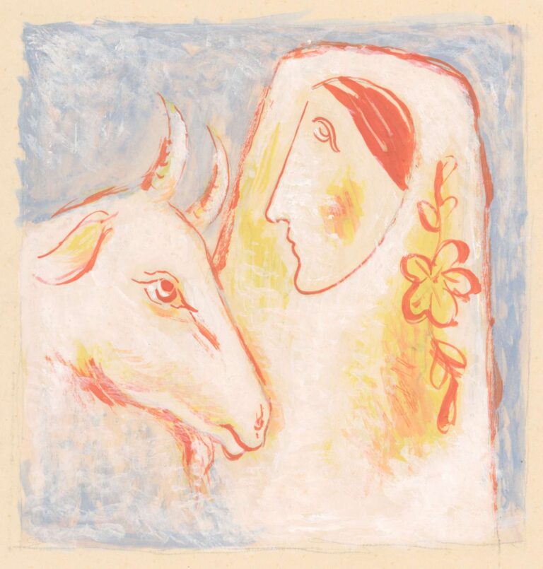 Pastel and gouache drawing of a herdsman in profile gently resting his hand on a goat’s head, rendered in soft blues, ochres, and rose tones by Mikuláš Galanda.