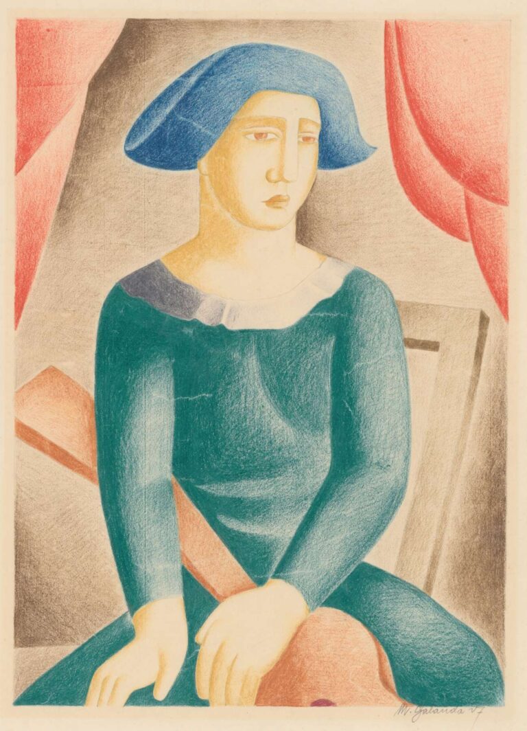A color drawing of a harlequin figure in a diamond‑patterned costume with a floppy hat, posed thoughtfully against a muted background, by Mikuláš Galanda.