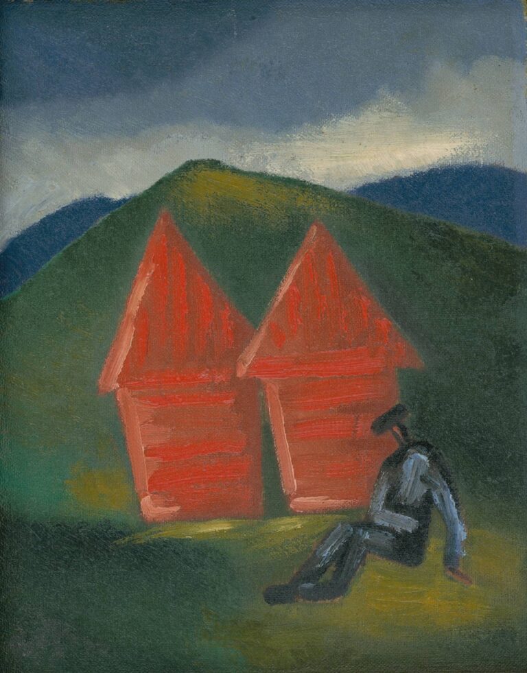 Painting of two red hay barns on a green hillside under a gray-blue sky, with a solitary figure in dark tones leaning against the ground, by Mikuláš Galanda.