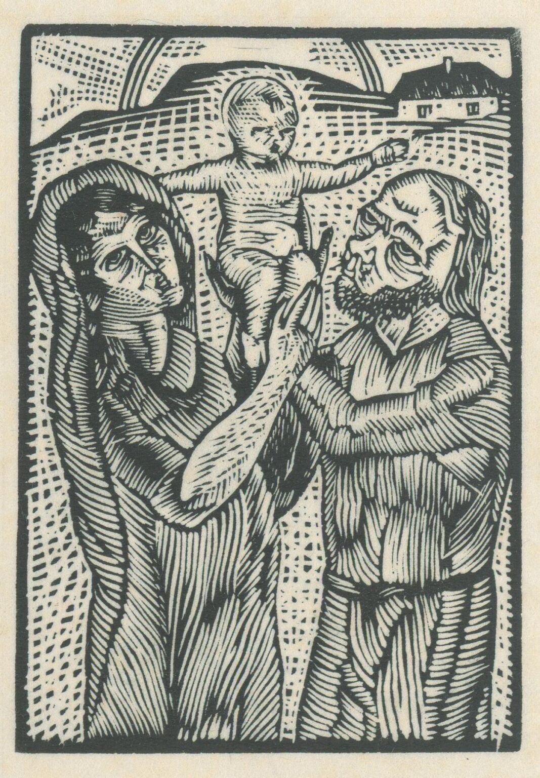 Black‑and‑white woodcut depicting the Virgin Mary and Saint Joseph lifting the Christ Child between them against a simple hilly landscape, rendered in rhythmic lines and cross‑hatching.