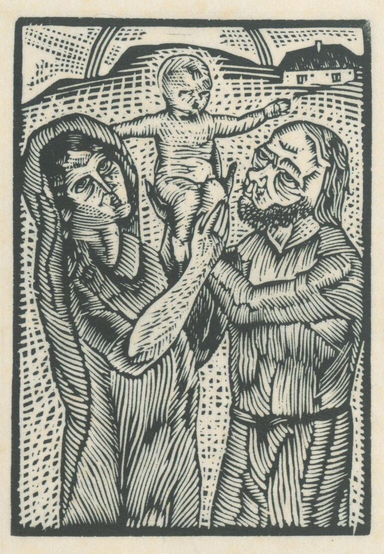 Black‑and‑white woodcut depicting the Virgin Mary and Saint Joseph lifting the Christ Child between them against a simple hilly landscape, rendered in rhythmic lines and cross‑hatching.
