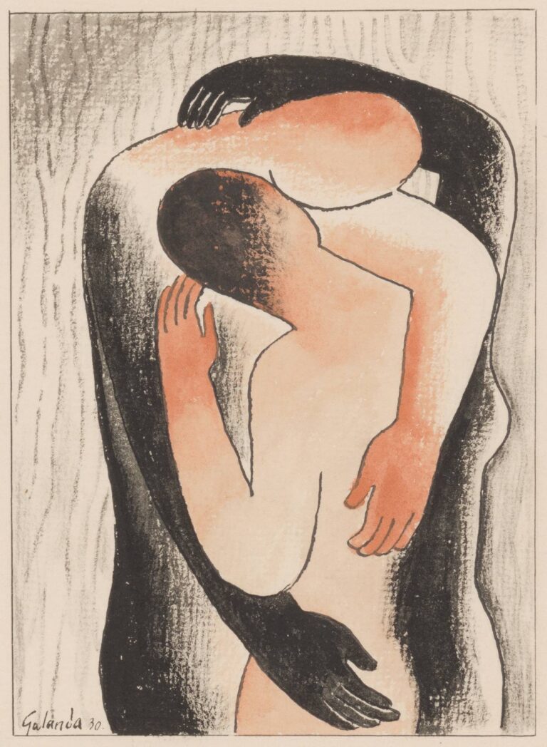 Stylized painting of two intertwined figures—one in peach tone and one in charcoal—locked in a continuous embrace, their arms forming a protective loop against a blank background.