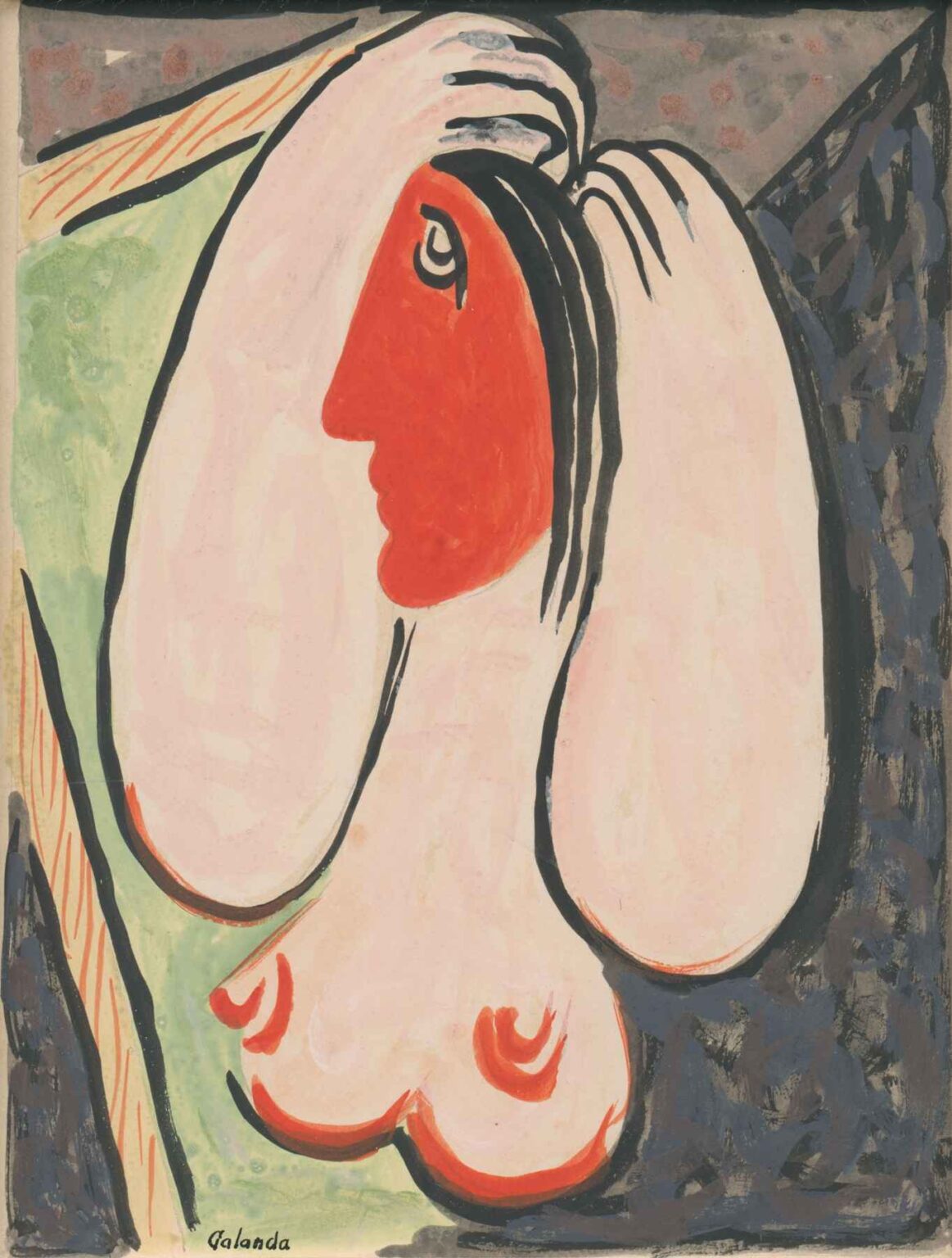 Stylized gouache painting of a nude woman in profile raising her arms before a mirror’s edge, her face painted red and framed by pale headscarf and muted background patterns, by Mikuláš Galanda.