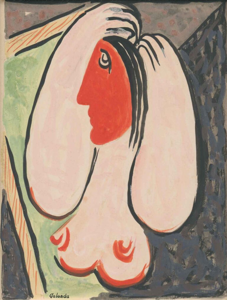 Stylized gouache painting of a nude woman in profile raising her arms before a mirror’s edge, her face painted red and framed by pale headscarf and muted background patterns, by Mikuláš Galanda.