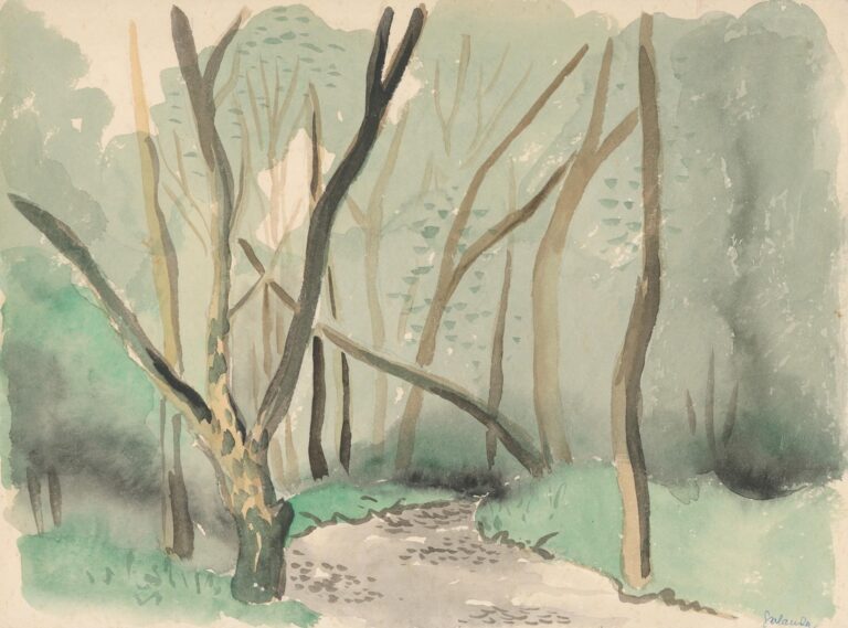 Watercolor landscape of an autumn park with a misty winding path flanked by slender tree trunks, rendered in soft greens, grays, and ochres by Mikuláš Galanda.