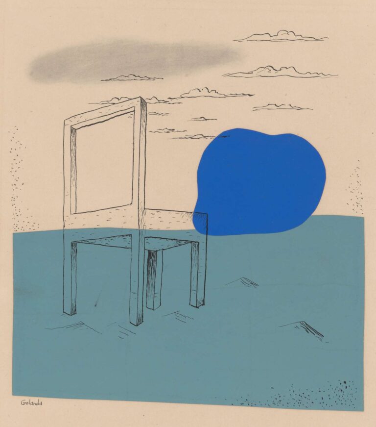 Mixed‑media drawing of a simple chair sketched in black ink on a pale ground, set atop a horizontal aquamarine field with an irregular cobalt-blue shape beside it, under a sparse sky of ink-drawn clouds.