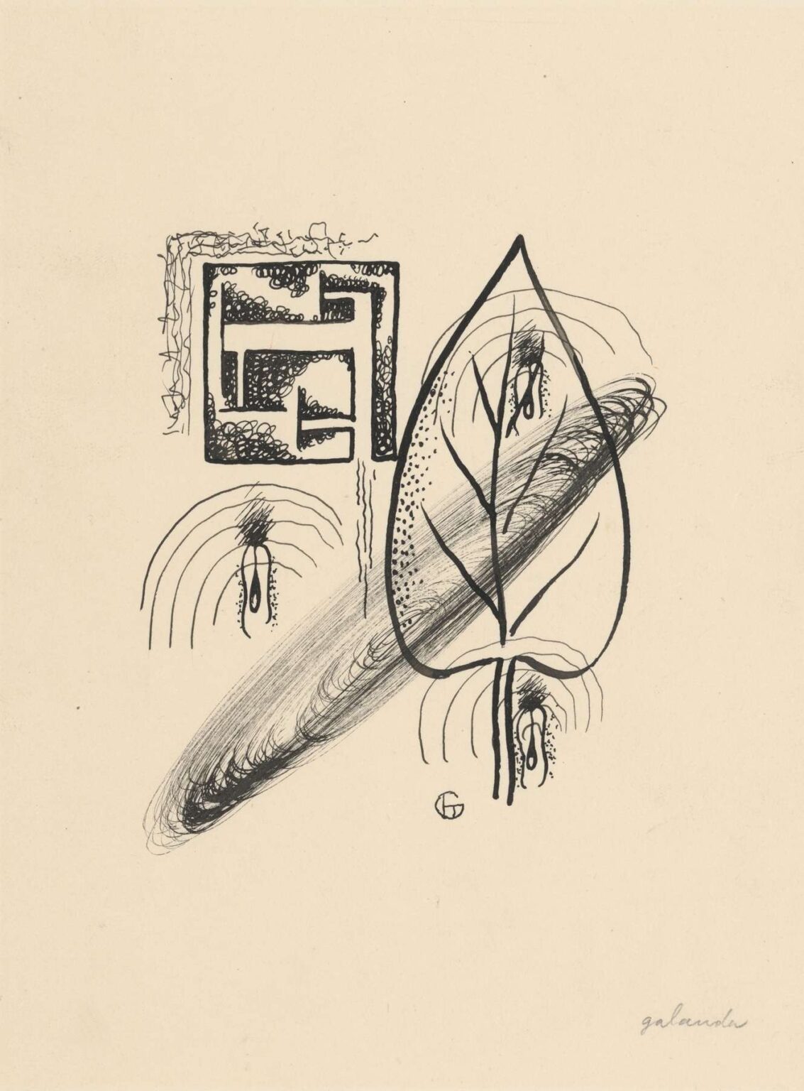 Black ink and graphite drawing of abstract envelope shapes, concentric arcs suggesting flaps, and a leaf‑like contour, all arranged on a pale paper ground to evoke the theme of written letters.