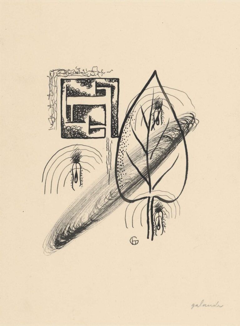 Black ink and graphite drawing of abstract envelope shapes, concentric arcs suggesting flaps, and a leaf‑like contour, all arranged on a pale paper ground to evoke the theme of written letters.
