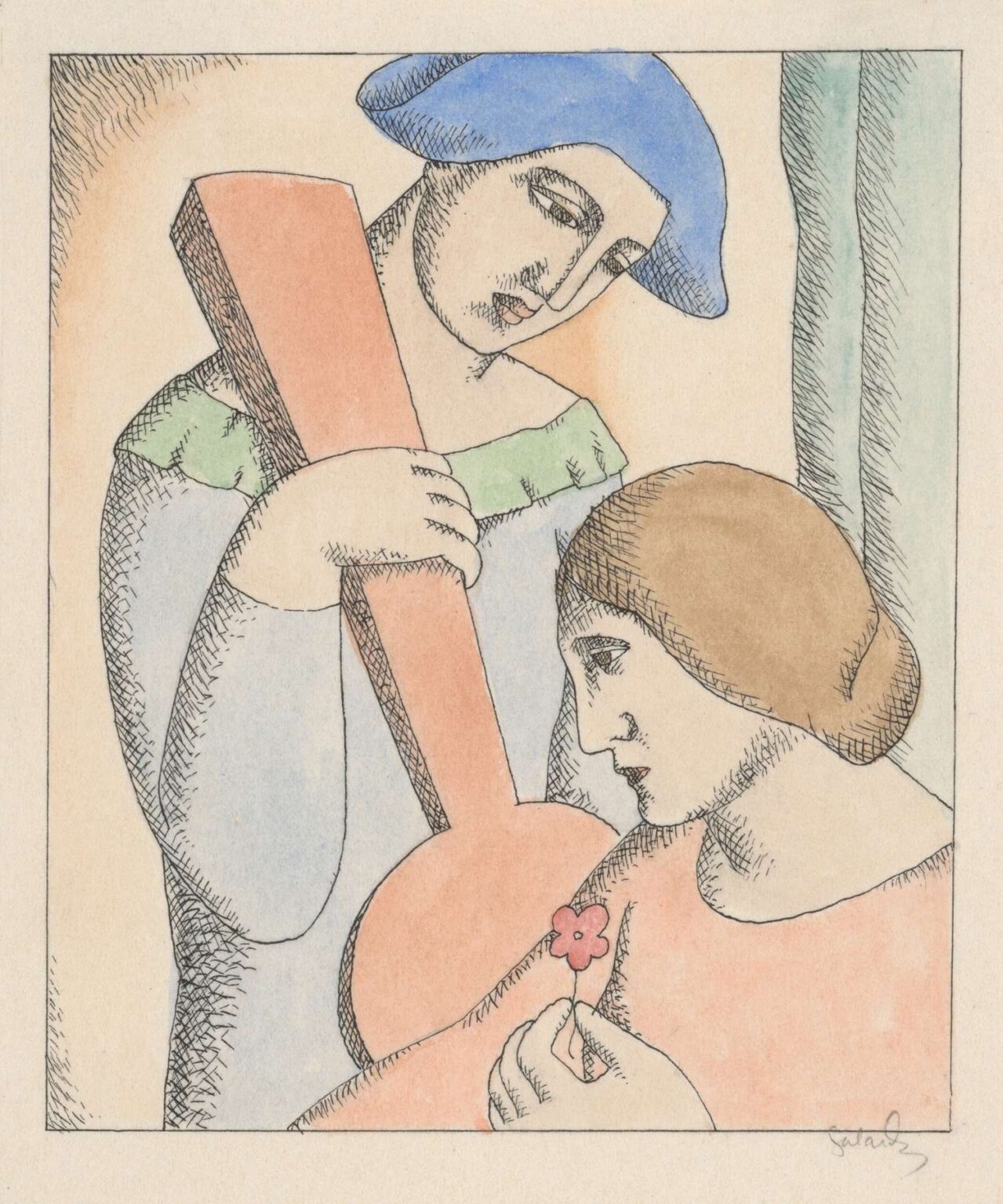 Two stylized figures in pen and watercolor—Harlequin in a blue cap holding a lute, gazing tenderly at Columbine, who holds a small flower and turns her head away—rendered in soft pastels and fine hatching.