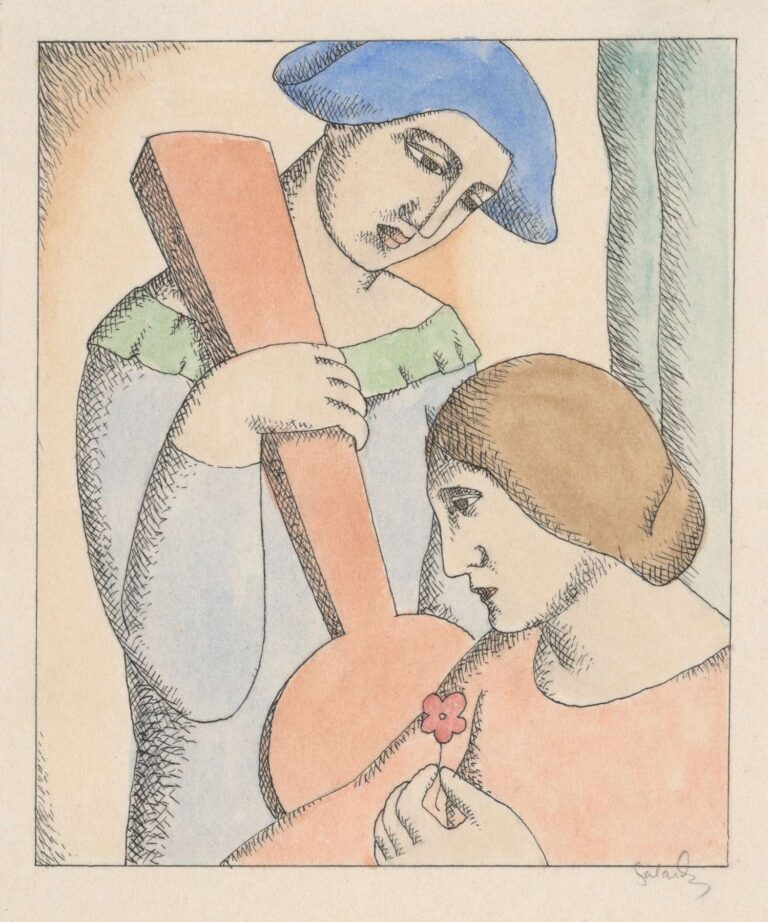 Two stylized figures in pen and watercolor—Harlequin in a blue cap holding a lute, gazing tenderly at Columbine, who holds a small flower and turns her head away—rendered in soft pastels and fine hatching.